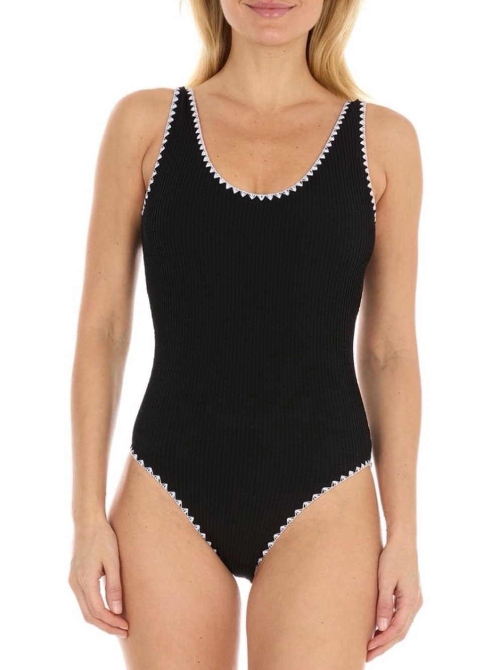 Betsey Johnson Black One-Piece Swimsuit with White Scallop Trim